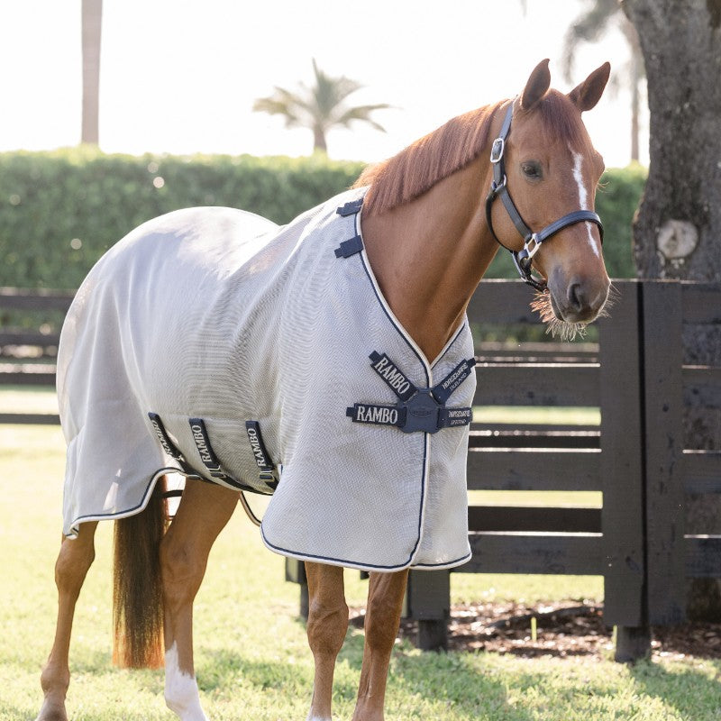 Horseware - Couverture anti-mouches Rambo Protector Fieldsafe argent/ marine/ blanc/ beige | - Ohlala