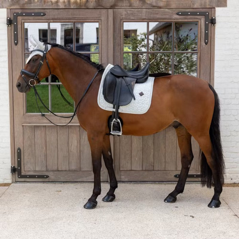 Kentucky Horsewear - Mütze für Pferde Wellington Samt Druck Hahnentrittmuster grau/ weiß