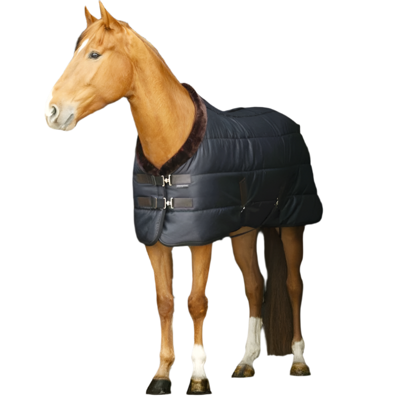 Equithème - Couverture d'écurie Teddy noir/ brun 200g | - Ohlala