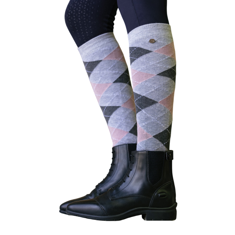 Equithème - Chaussettes d'équitation Argyle gris clair/ rose