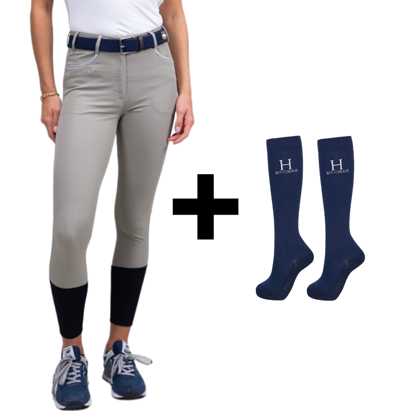 Harcour - Pack pantalon d'équitation femme Jaltika beige + chaussettes d'équitation Hickstead marine