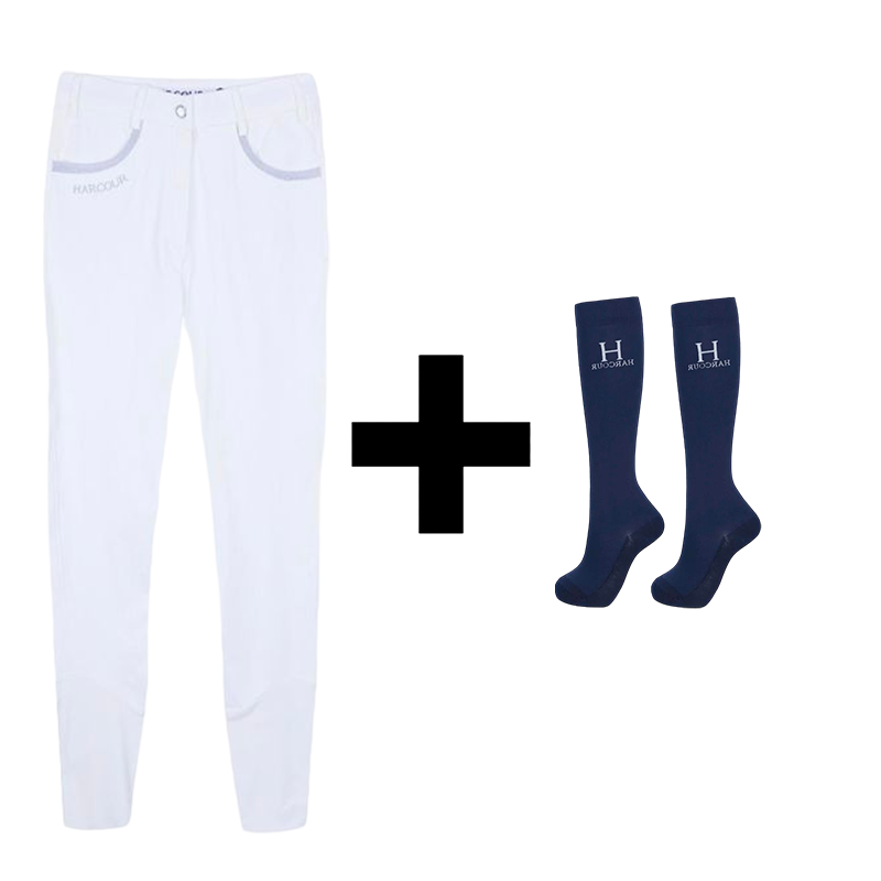 Harcour - Pack pantalon d'équitation femme Jaltika blanc + chaussettes d'équitation Hickstead marine