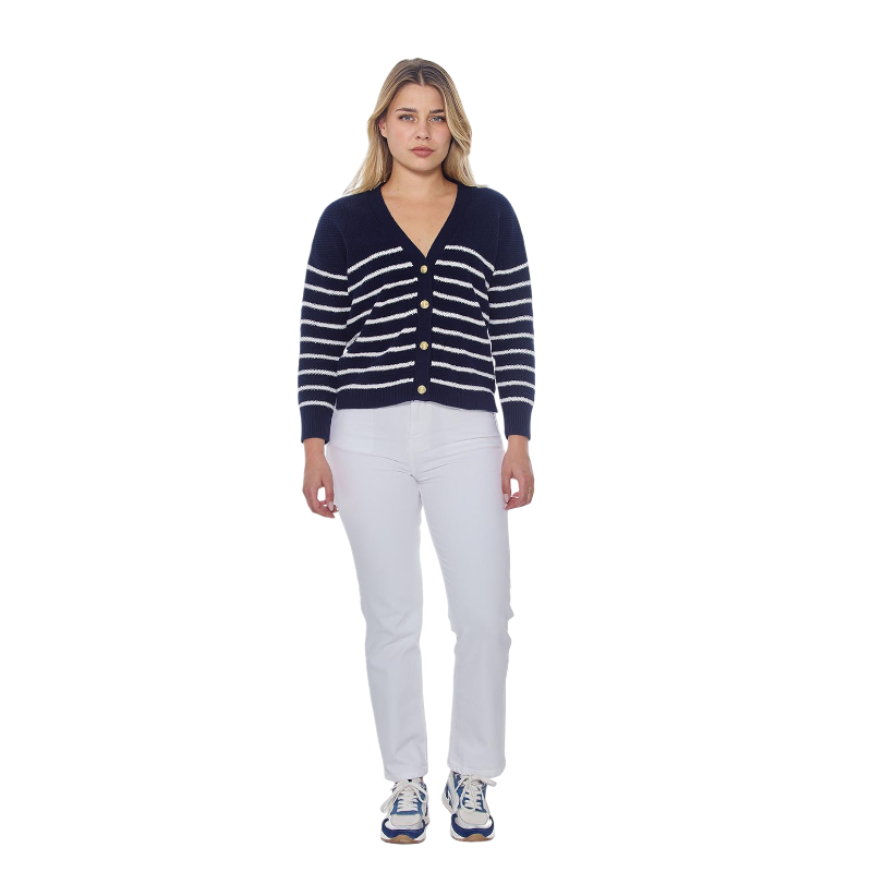 Harcour - Cardigan manches longues femme Camelia marine/ blanc