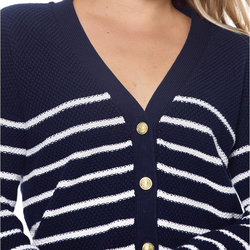 Harcour - Cardigan manches longues femme Camelia marine/ blanc