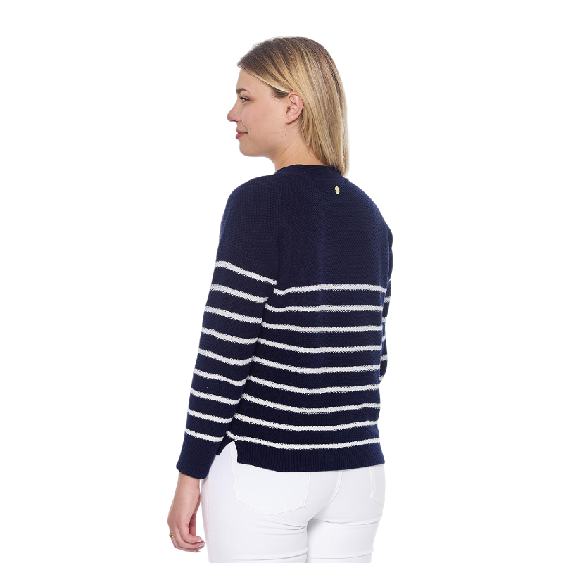 Harcour - Cardigan manches longues femme Camelia marine/ blanc