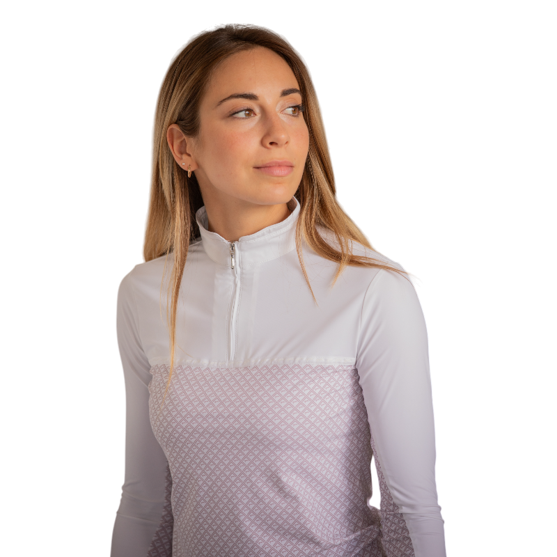 Pénélope - Polo de concours manches longues femme Debbie blanc/ rose